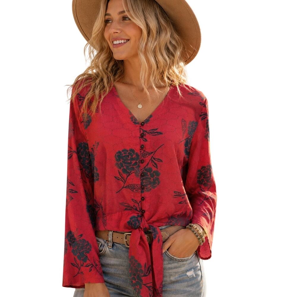 Bombay Paisley Bell Sleeve Top Womens Medium Watermelon Floral Tie Hem Blouse